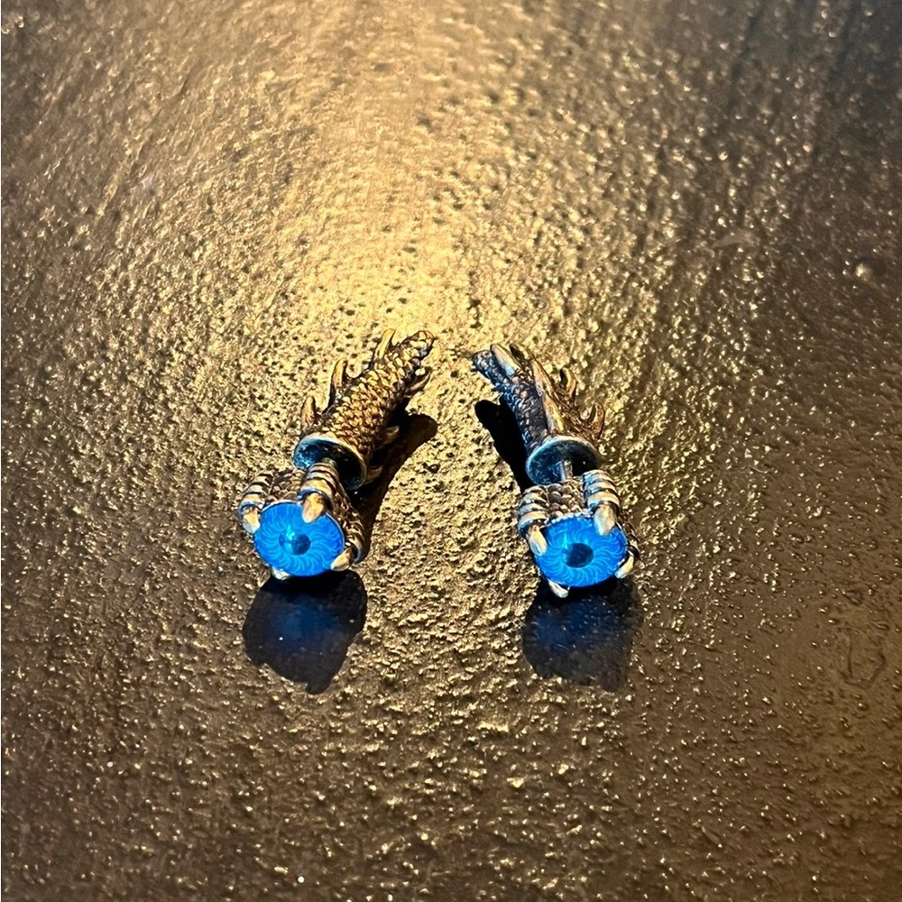Blue and silver dragon eye and tail earrings